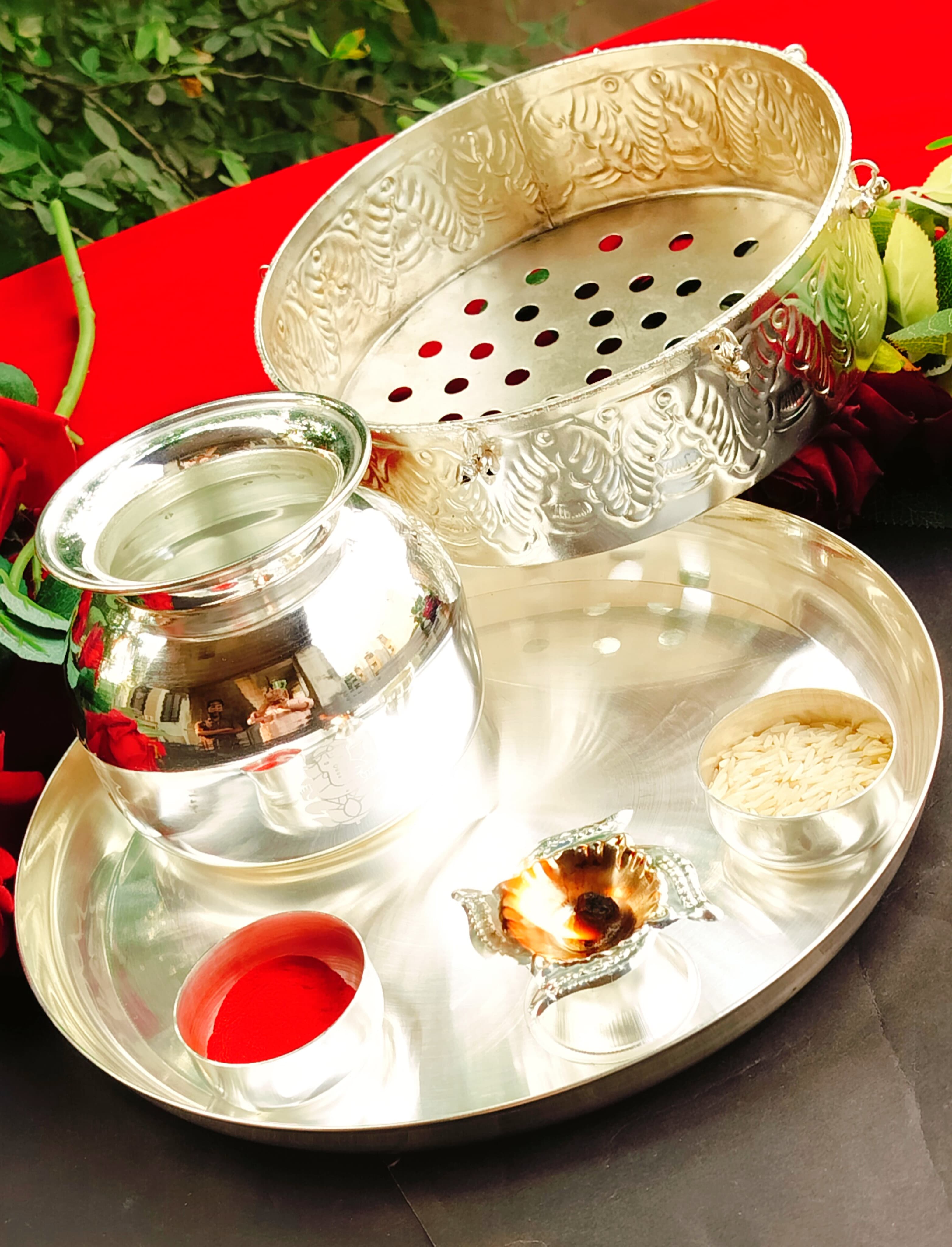 german silver karwachauth pooja thali set of 6 pieces